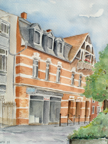 Historische Aquarellansicht des Firmengebäudes der Herrmann Rahner GmbH in Rastatt
